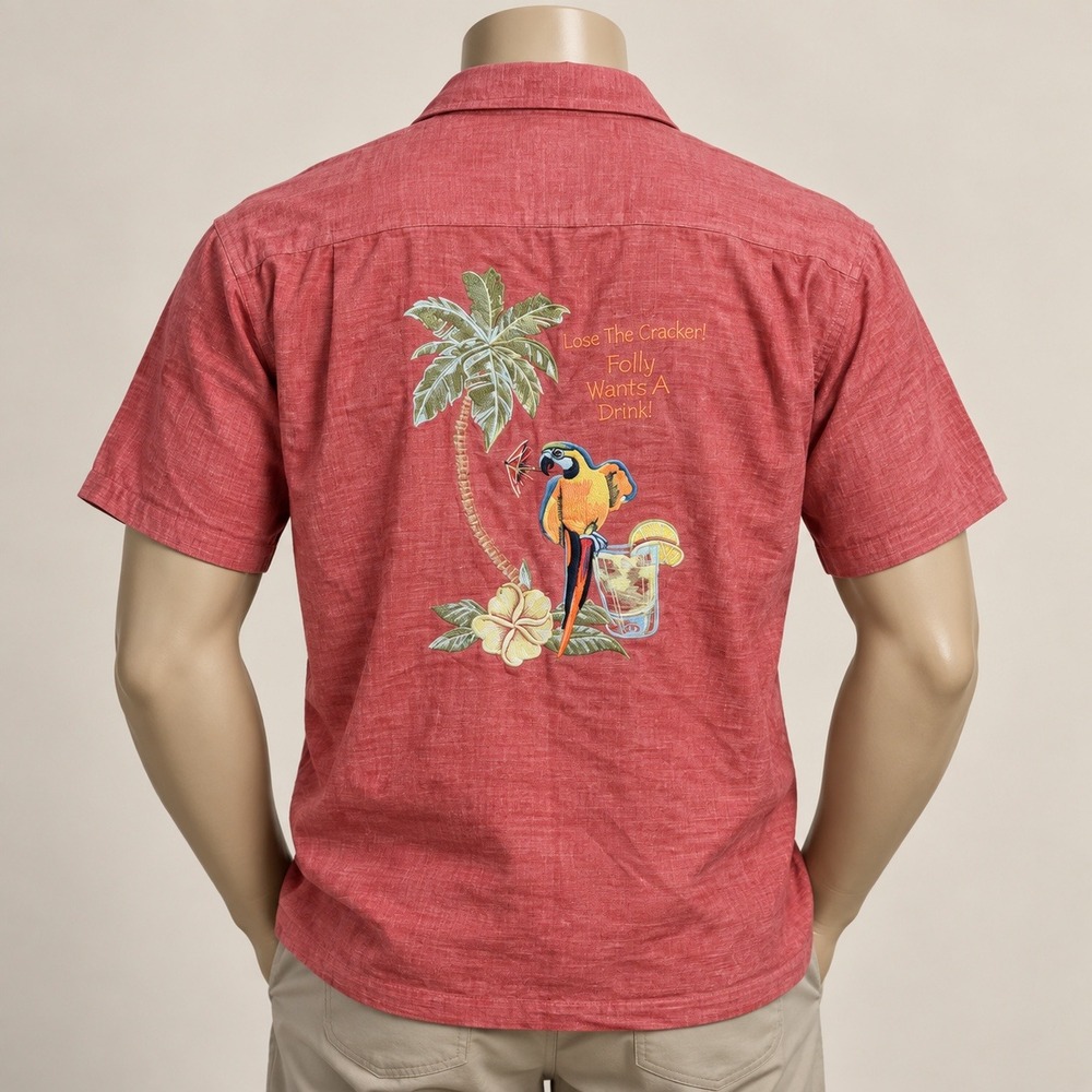 Caribbean Mens XL Silk Cotton Red Embroidered Parrot Tropical Camp Shirt